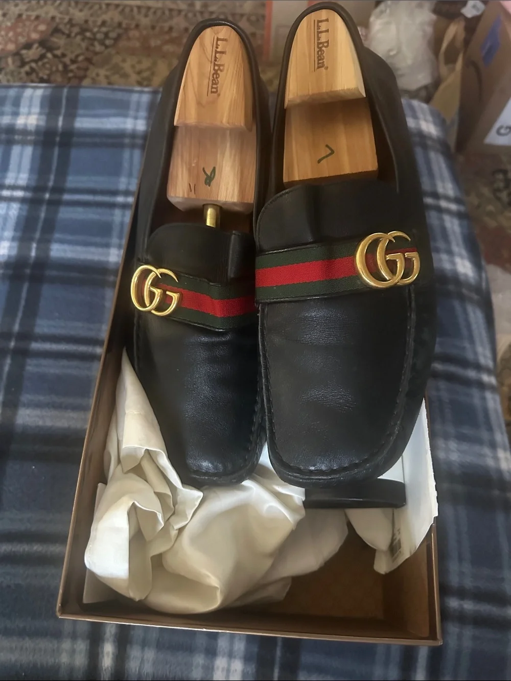 Gucci GG Gold Detail Web Red Green Black Leather Men's Slip on Loafers Size 12 G